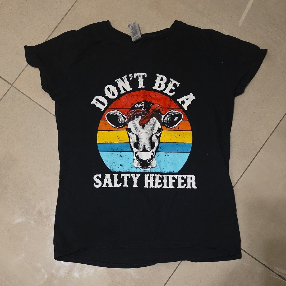 Gildan Black Tee with Cow and Colorful Stripes